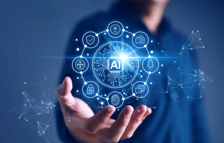 An illustration of artificial intelligence with interconnected neural networks, data processing, and automation icons.