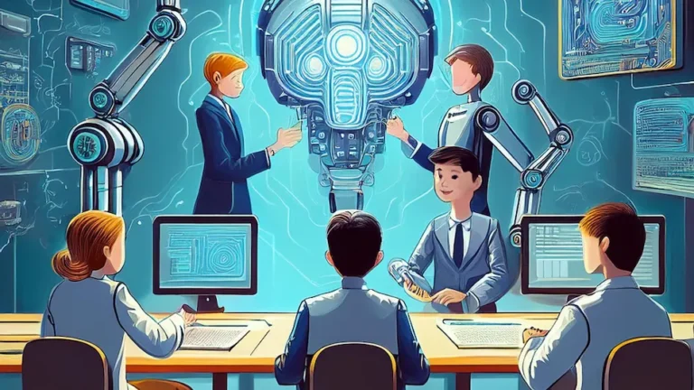 An illustration of artificial intelligence with interconnected neural networks, data processing, and automation icons.